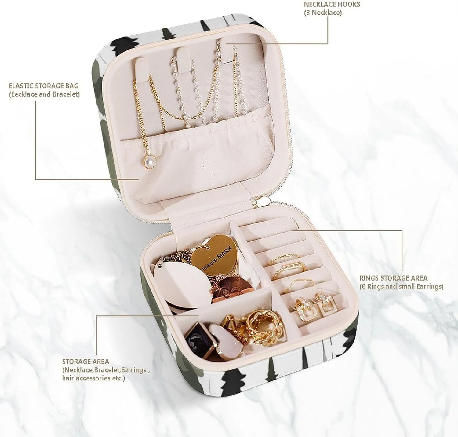 Box White Trees Camo Pattern Travel Jewelry Box Can Store Earrings Bracelets Rings Watches Women's Jewelry Box Jewelry educator Storage 
