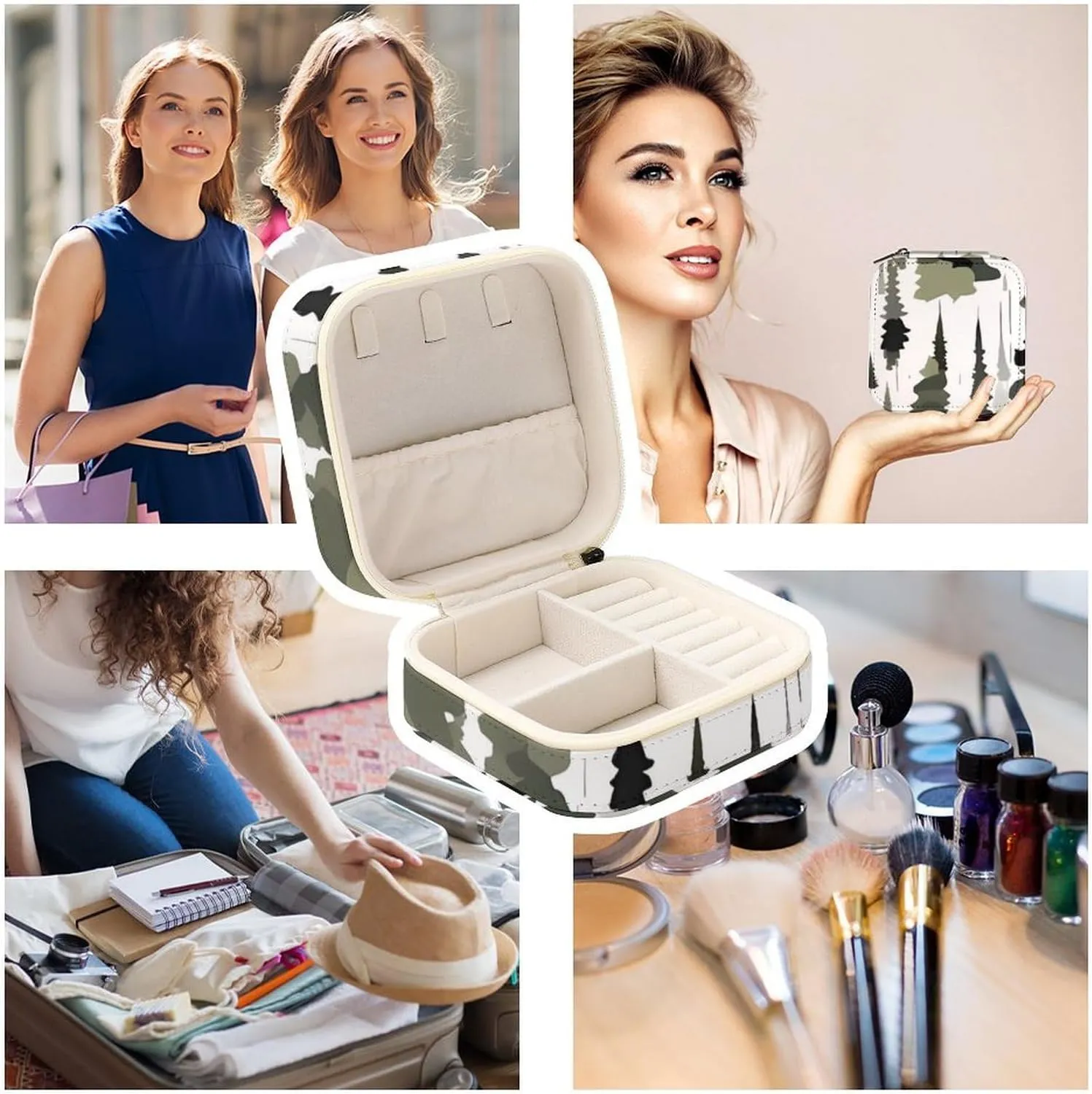 Box White Trees Camo Pattern Travel Jewelry Box Can Store Earrings Bracelets Rings Watches Women's Jewelry Box Jewelry educator Storage 