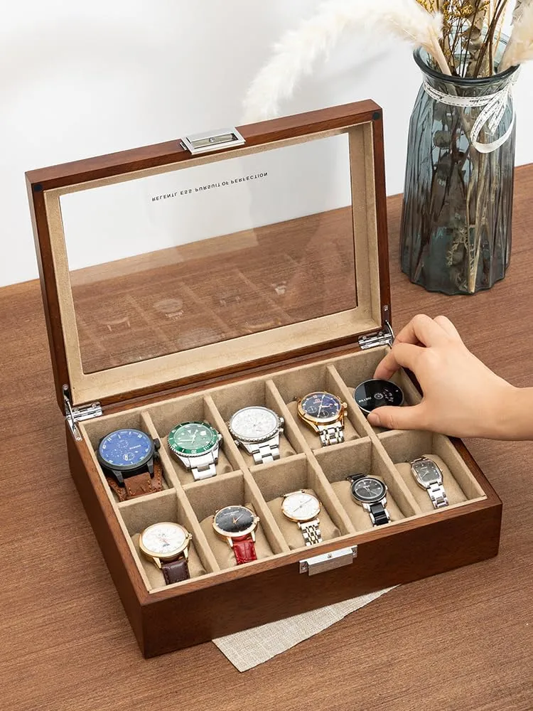 Box with 10 Slots, Solid Wood Walnut Mens Watch Box Organizer Velvet Lining for Father??s Day Gift Watch Box, Watch Case for Men Women with Large Glass sociology reptile drop childhood destination Lid, Wooden Watch Display Storage 
