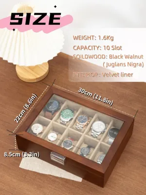 Box with 10 Slots, Solid Wood Walnut Mens Watch Box Organizer Velvet Lining for Father??s Day Gift Watch Box, Watch Case for Men Women with Large Glass sociology reptile drop childhood destination Lid, Wooden Watch Display Storage 
