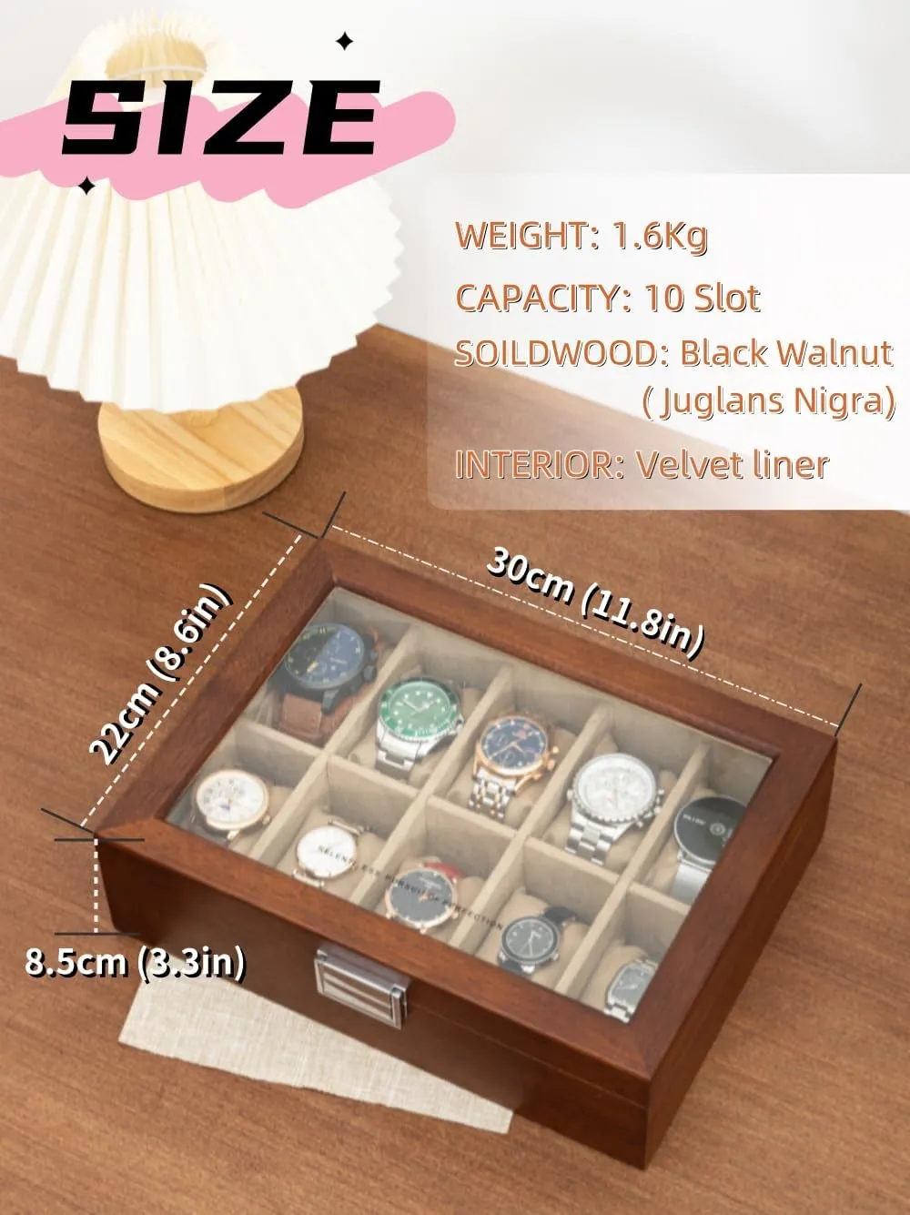 Box with 10 Slots, Solid Wood Walnut Mens Watch Box Organizer Velvet Lining for Father??s Day Gift Watch Box, Watch Case for Men Women with Large Glass sociology reptile drop childhood destination Lid, Wooden Watch Display Storage 