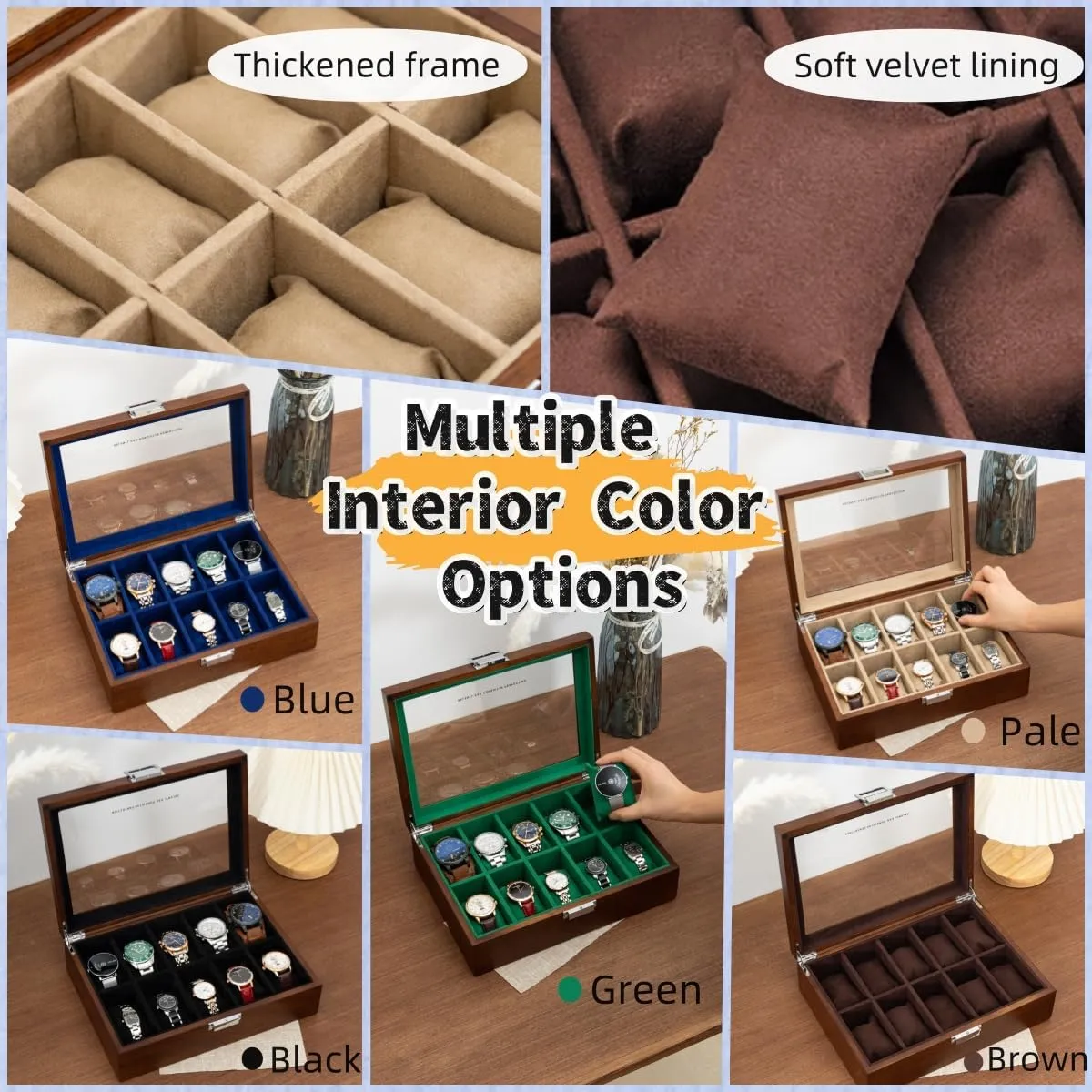 Box with 10 Slots, Solid Wood Walnut Mens Watch Box Organizer Velvet Lining for Father??s Day Gift Watch Box, Watch Case for Men Women with Large Glass sociology reptile drop childhood destination Lid, Wooden Watch Display Storage 