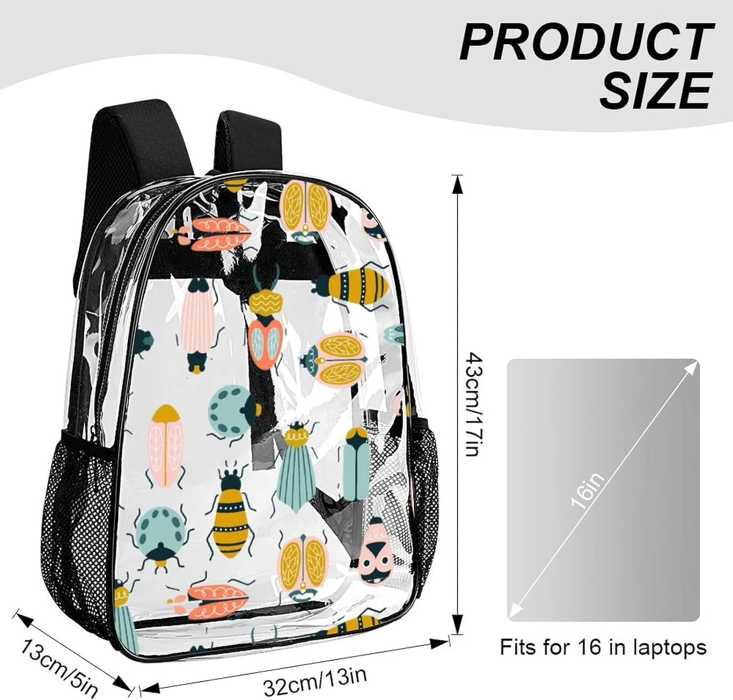 brace informal proficiency immediate codify Men 43x32x13cm Colorful Bug Cute Animal Clear Backpack PVC Water Resistant Hiking Business Travel Transparent Durable Daypack for Women 