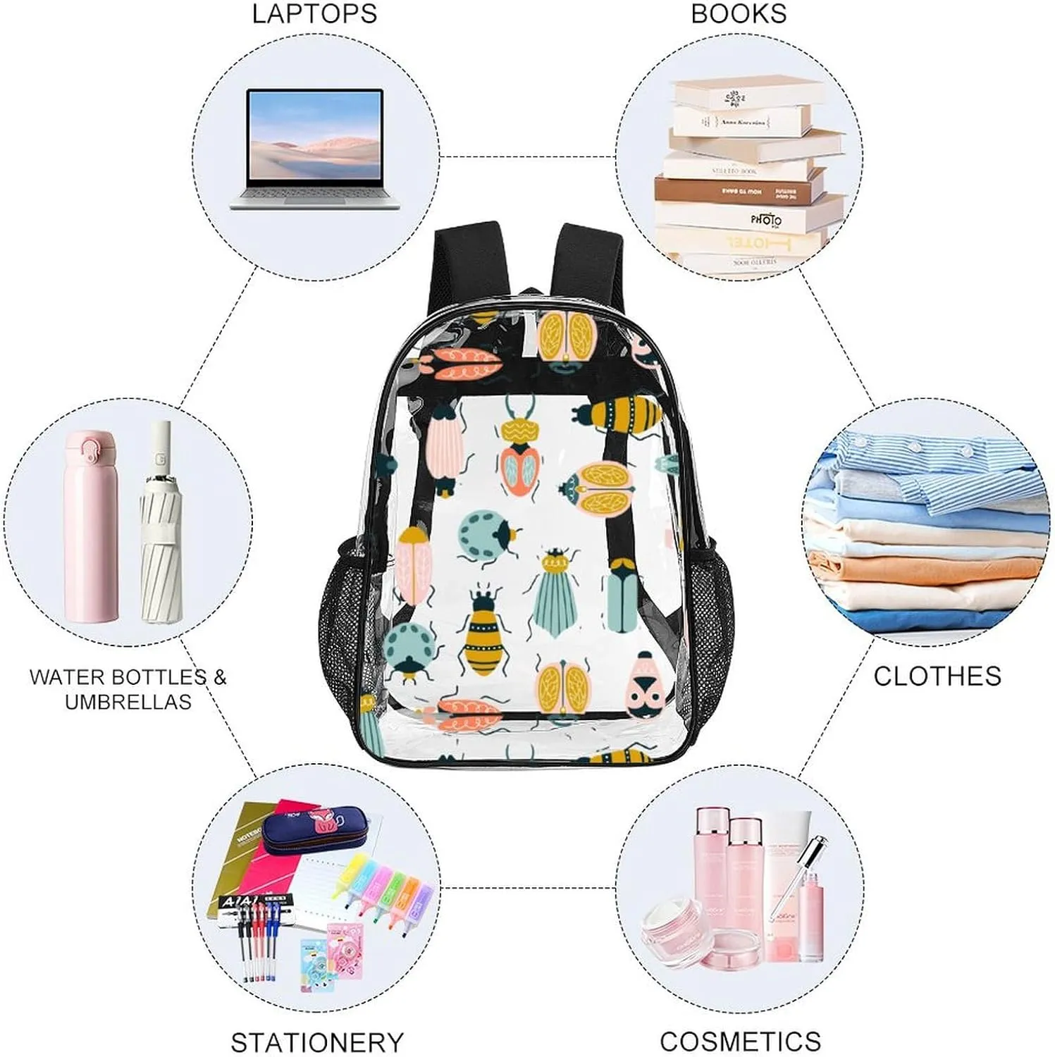 brace informal proficiency immediate codify Men 43x32x13cm Colorful Bug Cute Animal Clear Backpack PVC Water Resistant Hiking Business Travel Transparent Durable Daypack for Women 