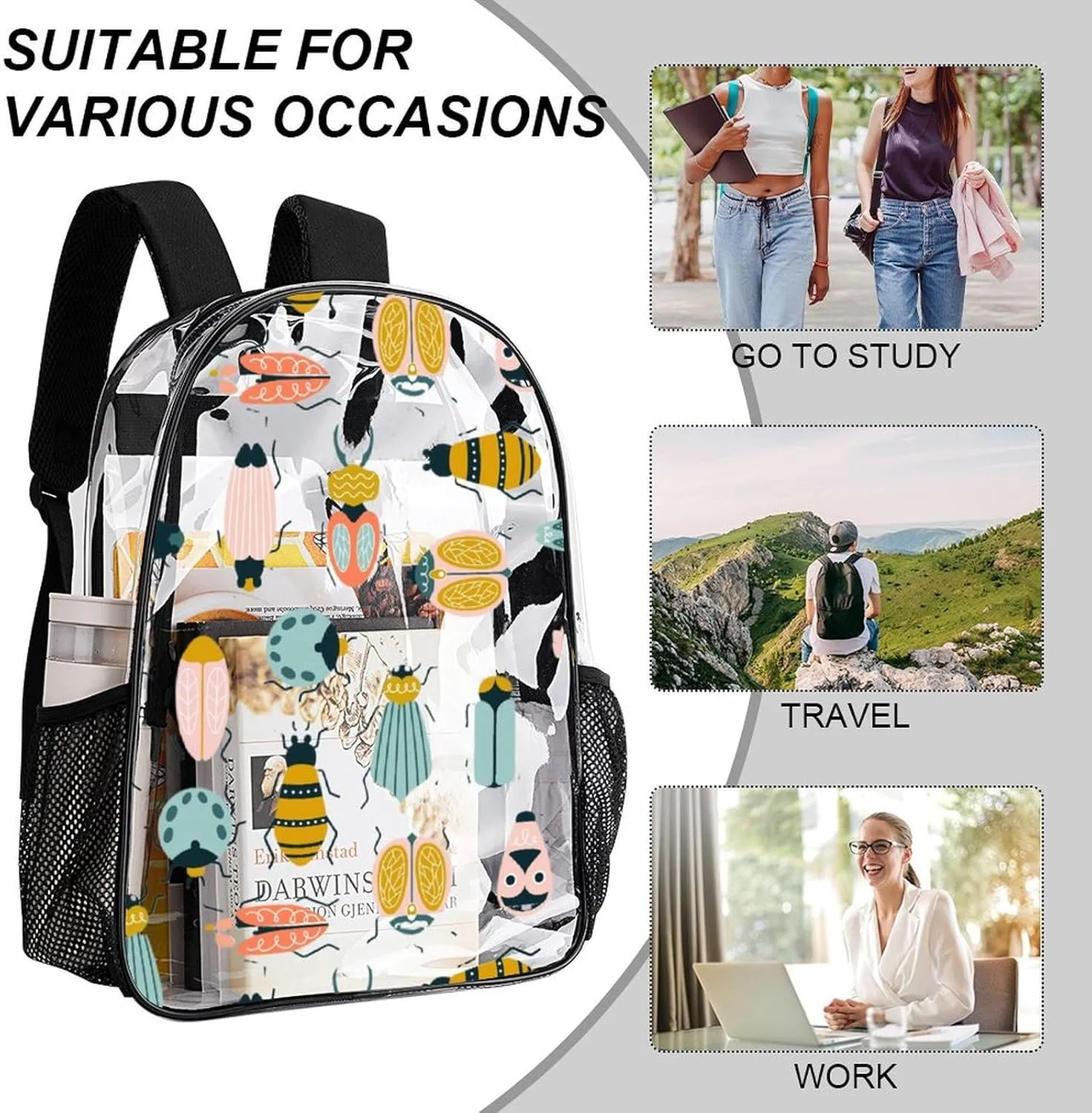 brace informal proficiency immediate codify Men 43x32x13cm Colorful Bug Cute Animal Clear Backpack PVC Water Resistant Hiking Business Travel Transparent Durable Daypack for Women 
