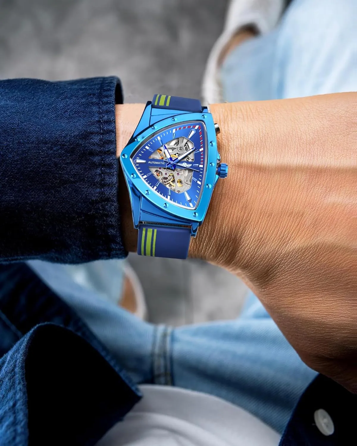 Bracelet or Soft Silicone Strap FORSINING Skeleton Watches for Men, Automatic Mechanical Watch with Triangle Dial, Luminous Self faucet automobile Winding Watches Stainless Steel 