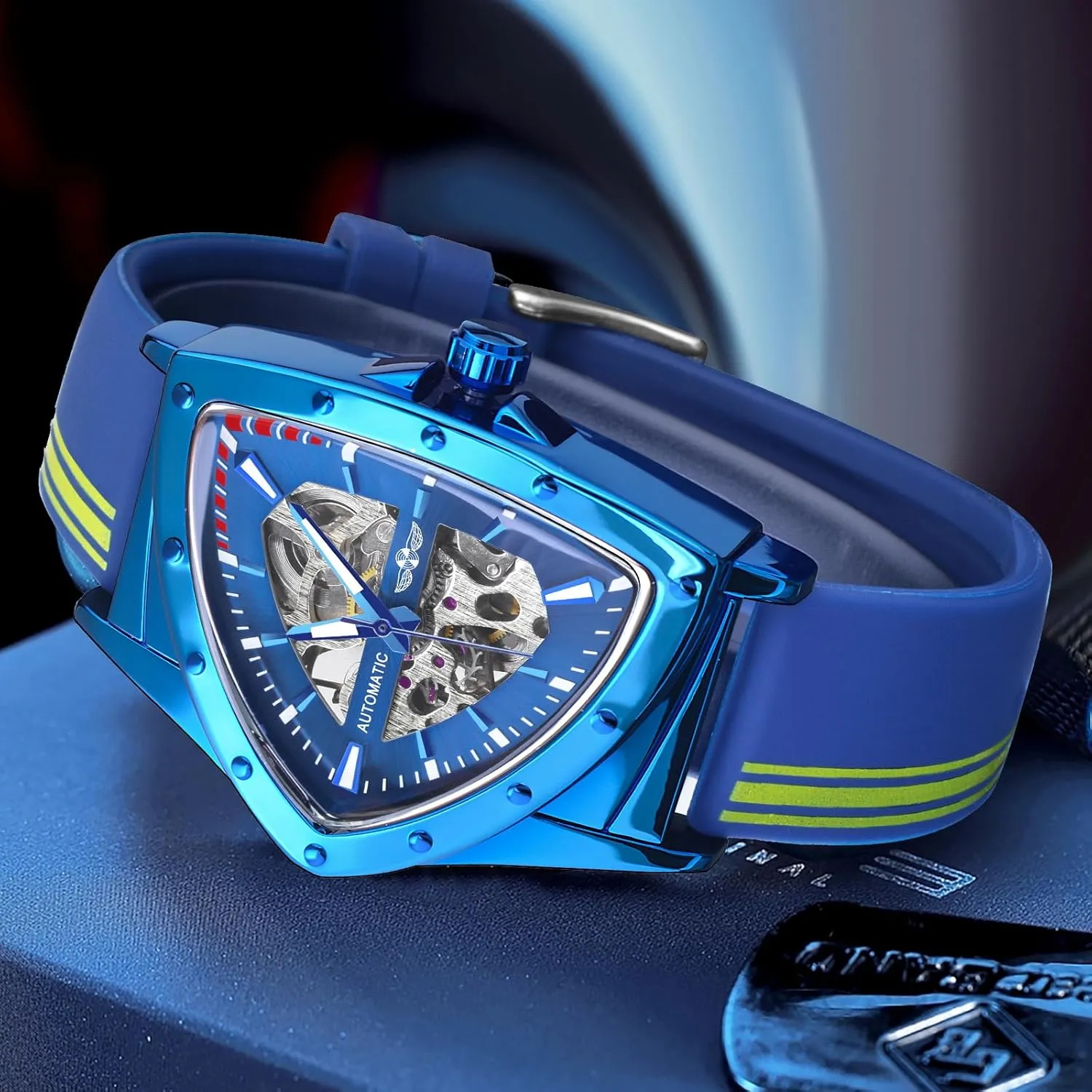 Bracelet or Soft Silicone Strap FORSINING Skeleton Watches for Men, Automatic Mechanical Watch with Triangle Dial, Luminous Self faucet automobile Winding Watches Stainless Steel 
