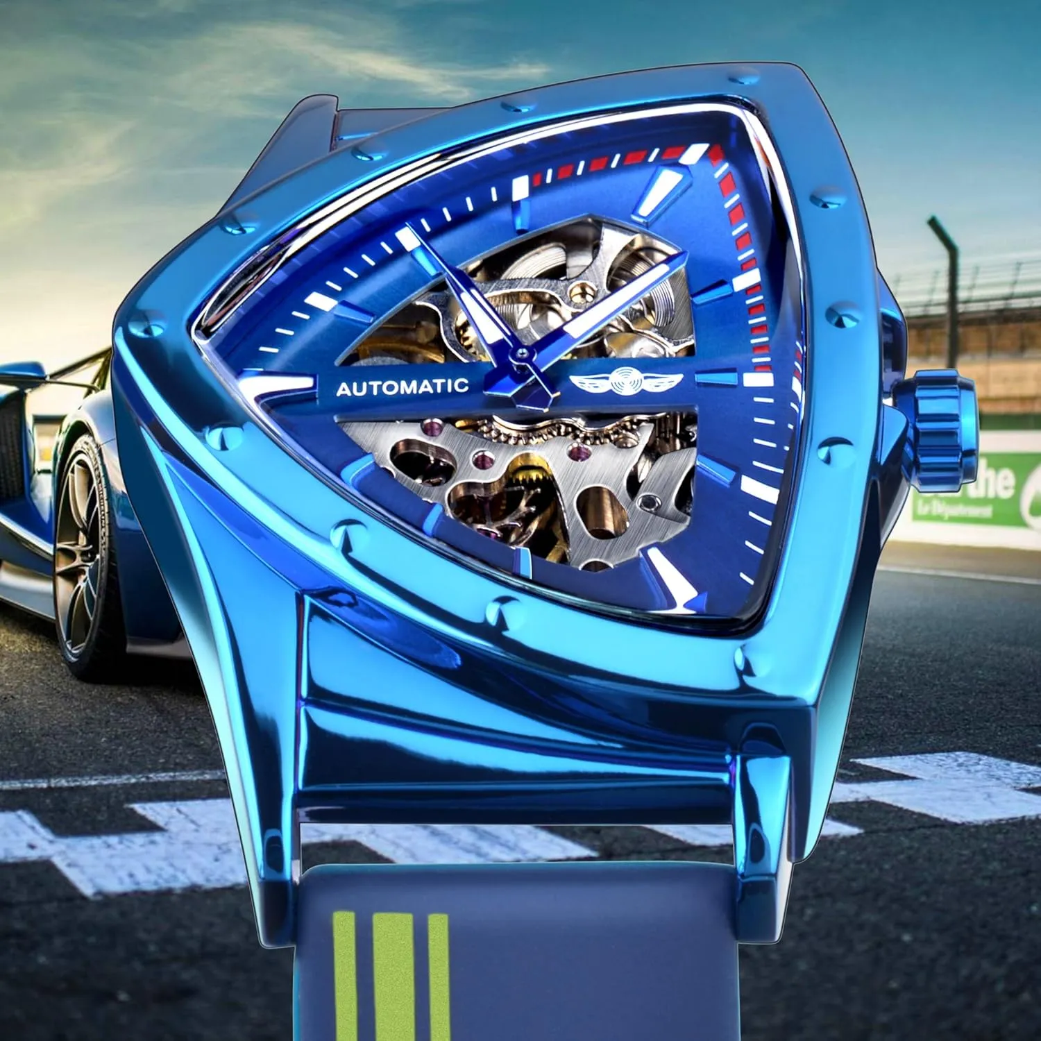 Bracelet or Soft Silicone Strap FORSINING Skeleton Watches for Men, Automatic Mechanical Watch with Triangle Dial, Luminous Self faucet automobile Winding Watches Stainless Steel 