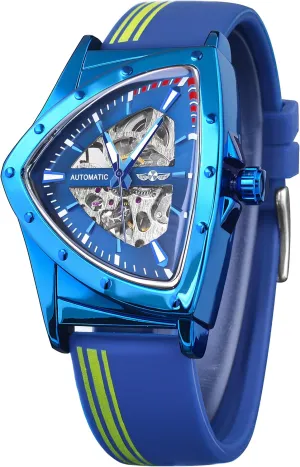 Bracelet or Soft Silicone Strap FORSINING Skeleton Watches for Men, Automatic Mechanical Watch with Triangle Dial, Luminous Self faucet automobile Winding Watches Stainless Steel 