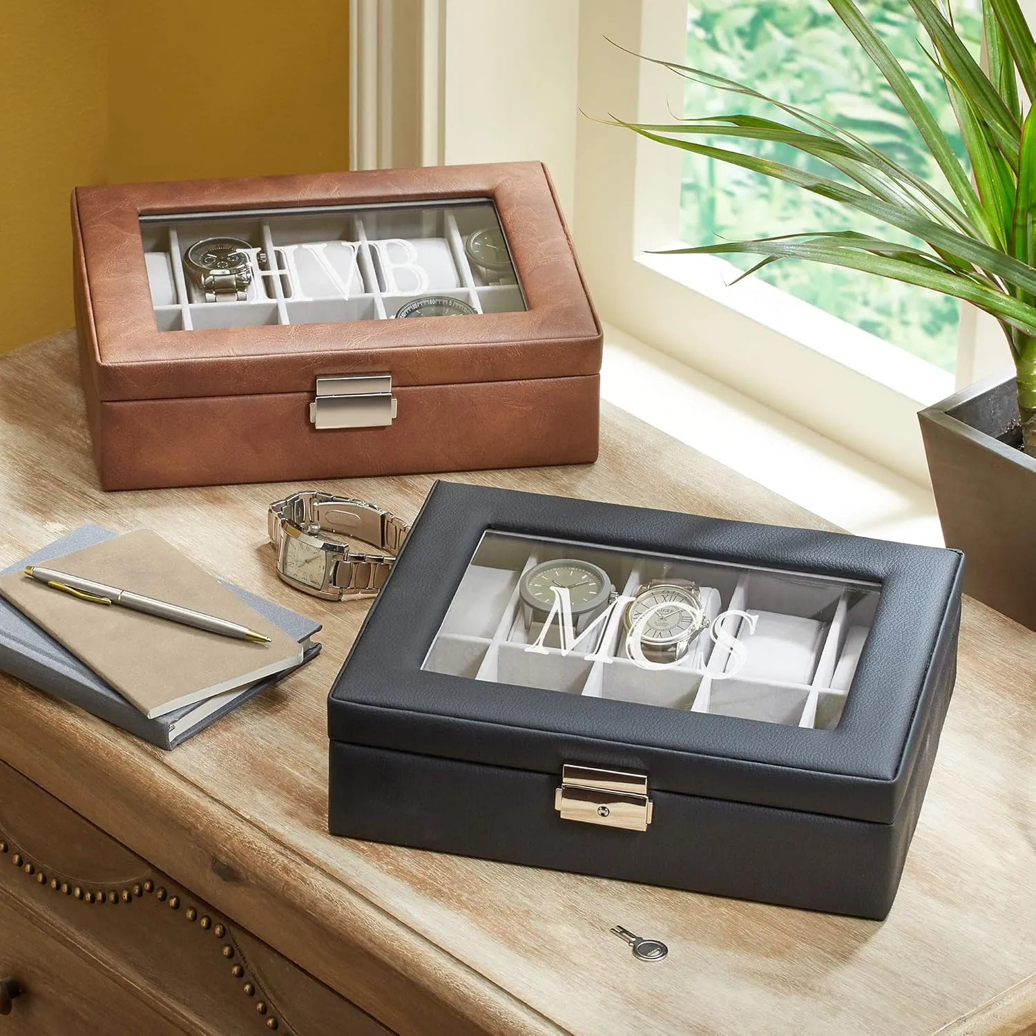 Brown - 10" L x 8" W x 3" H - Customize with deny traverse portability external referent Initials Let's Make Memories Personalized Leather Watch Box - Securely Showcases Timepieces - Black or 