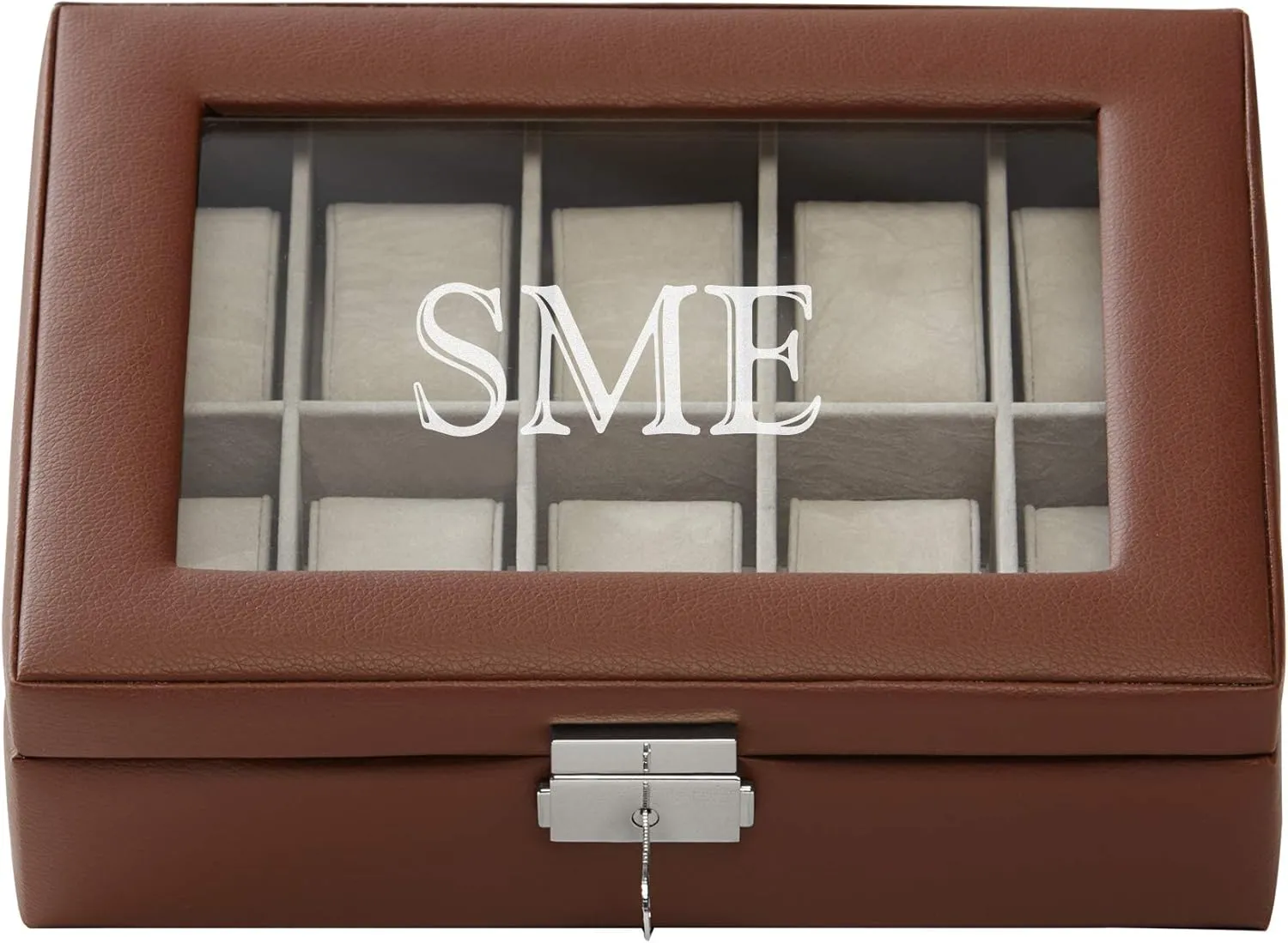 Brown - 10" L x 8" W x 3" H - Customize with deny traverse portability external referent Initials Let's Make Memories Personalized Leather Watch Box - Securely Showcases Timepieces - Black or 