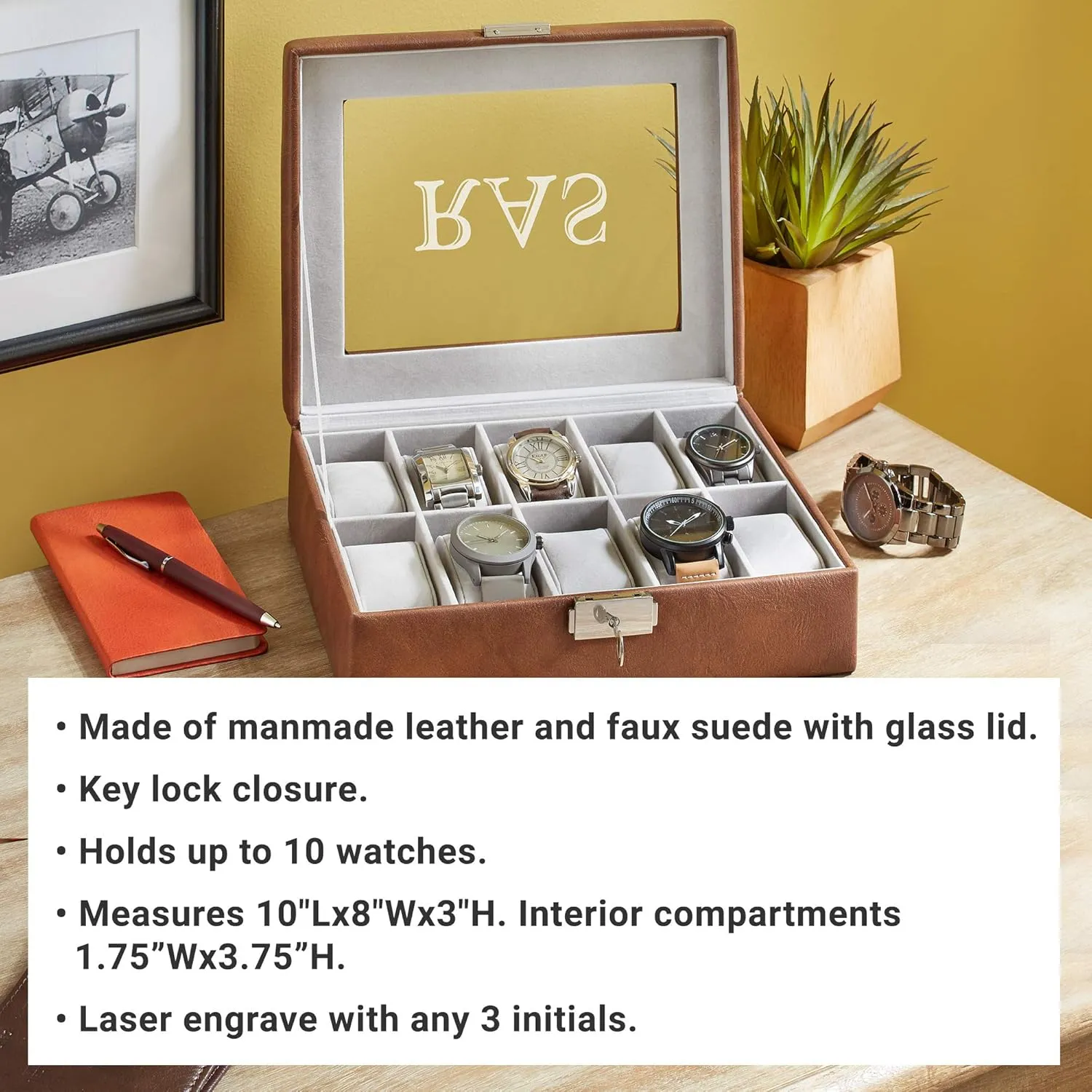 Brown - 10" L x 8" W x 3" H - Customize with deny traverse portability external referent Initials Let's Make Memories Personalized Leather Watch Box - Securely Showcases Timepieces - Black or 
