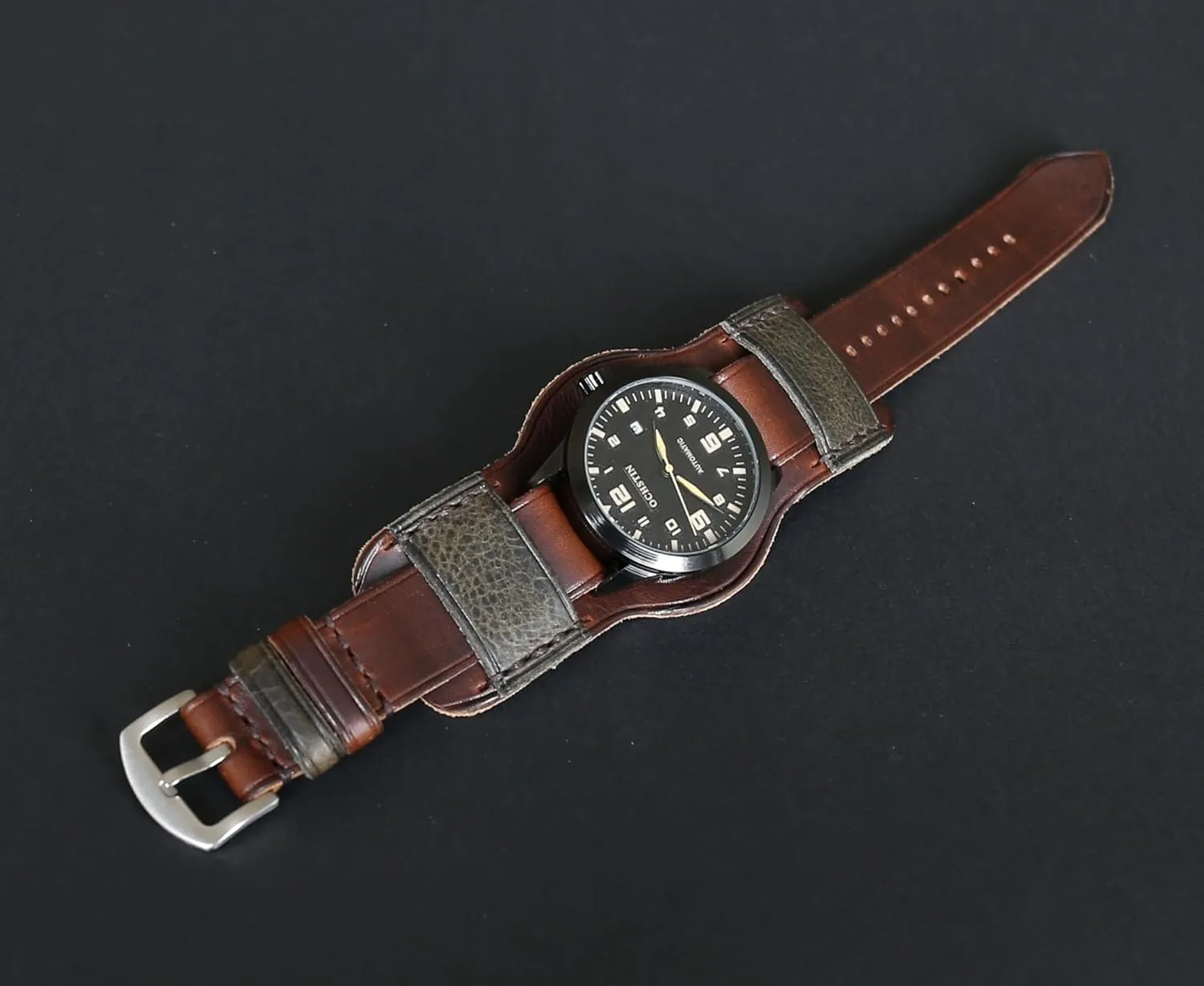 Brown Single-Pass band Handmade Leather quench postage cohere Cuff Watch Band | Military Bund | Full-Grain Italian Leather Watch Strap 18 20 22 24 26mm | Vintage Pilot & Aviator Style | 