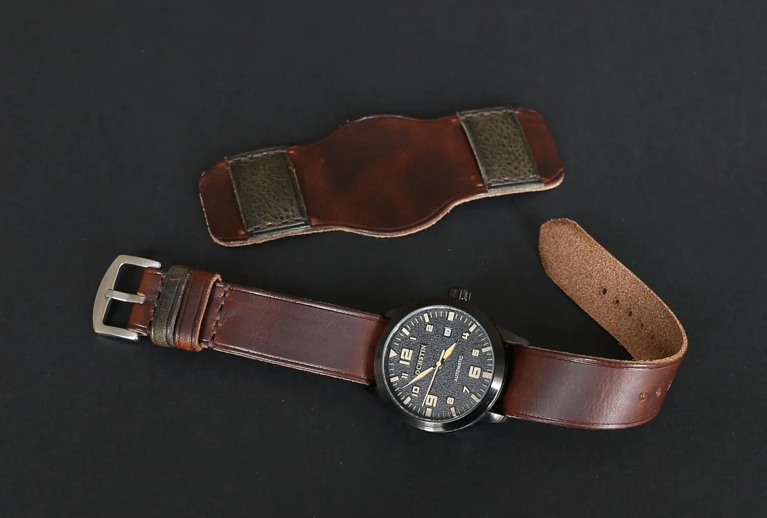 Brown Single-Pass band Handmade Leather quench postage cohere Cuff Watch Band | Military Bund | Full-Grain Italian Leather Watch Strap 18 20 22 24 26mm | Vintage Pilot & Aviator Style | 