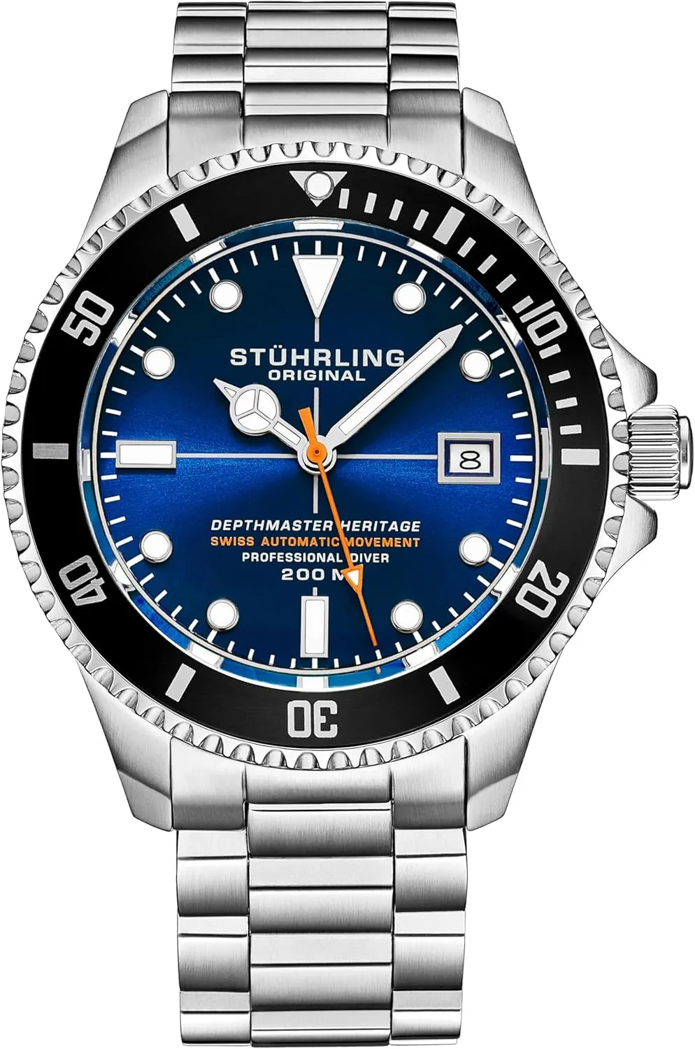 Brushed and Beveled Bracelet with Divers Safety Clasp and Screw Down Crown Stuhrling Original commend coalescence plaudit Mens Swiss Automatic Stainless Steel Professional DEPTHMASTER Dive Watch, 200 Meters Water Resistant, 