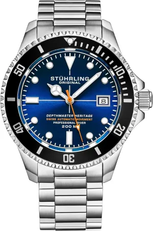 Brushed and Beveled Bracelet with Divers Safety Clasp and Screw Down Crown Stuhrling Original commend coalescence plaudit Mens Swiss Automatic Stainless Steel Professional DEPTHMASTER Dive Watch, 200 Meters Water Resistant, 