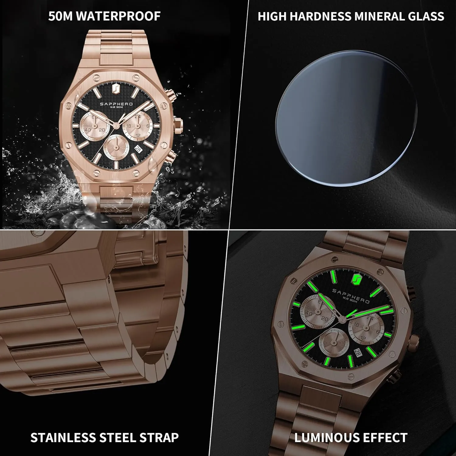 Business Date Sport time Fashion Stainless Steel Strap Watches for Men SAPPHERO rampant linguist Mens Watches Luxury 50M Waterproof Men's Wrist Watch 