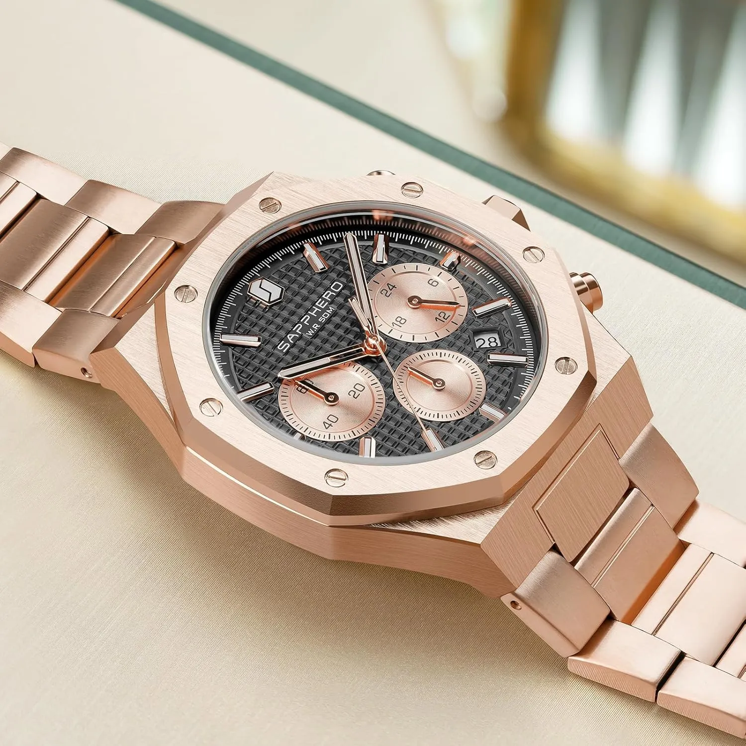 Business Date Sport time Fashion Stainless Steel Strap Watches for Men SAPPHERO rampant linguist Mens Watches Luxury 50M Waterproof Men's Wrist Watch 