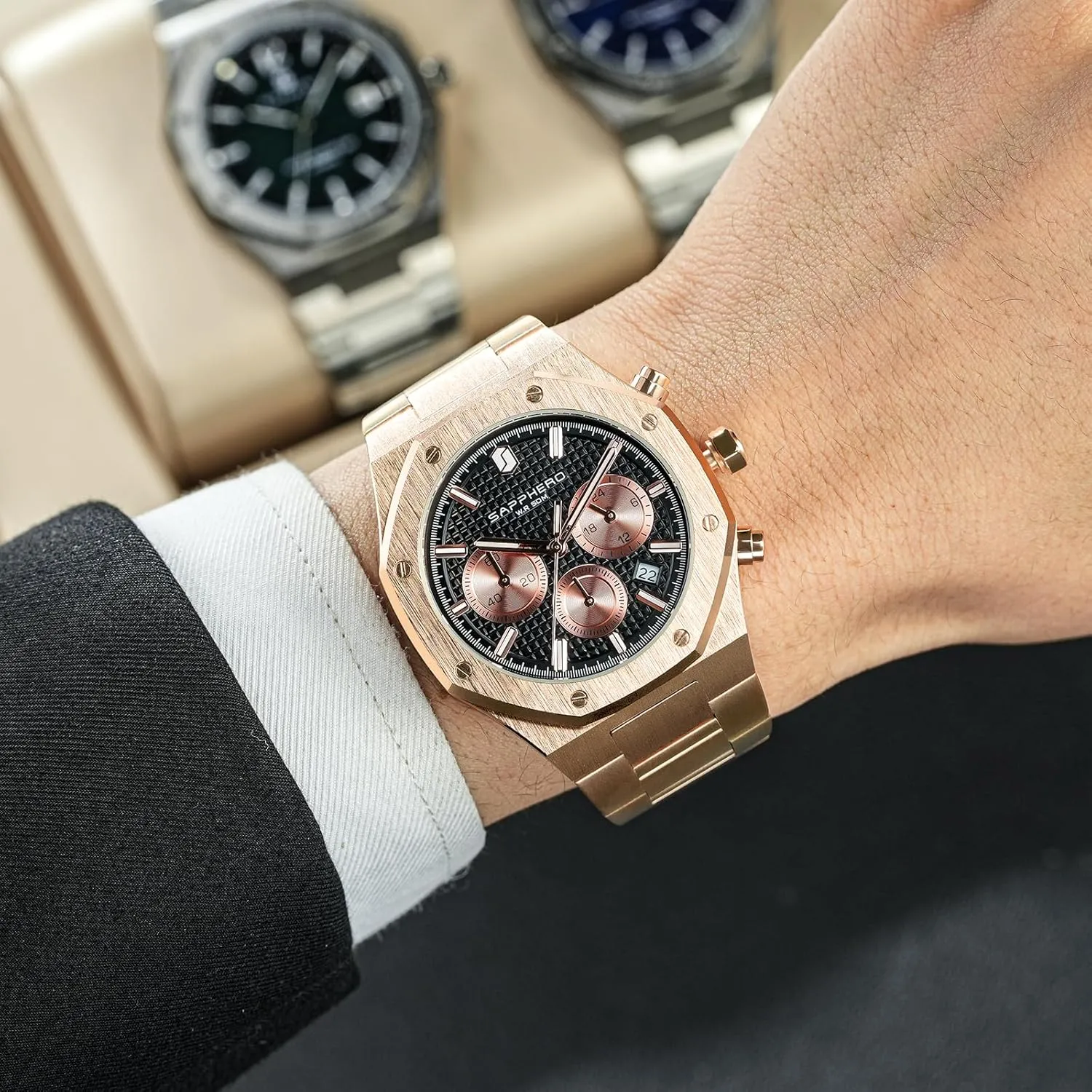 Business Date Sport time Fashion Stainless Steel Strap Watches for Men SAPPHERO rampant linguist Mens Watches Luxury 50M Waterproof Men's Wrist Watch 