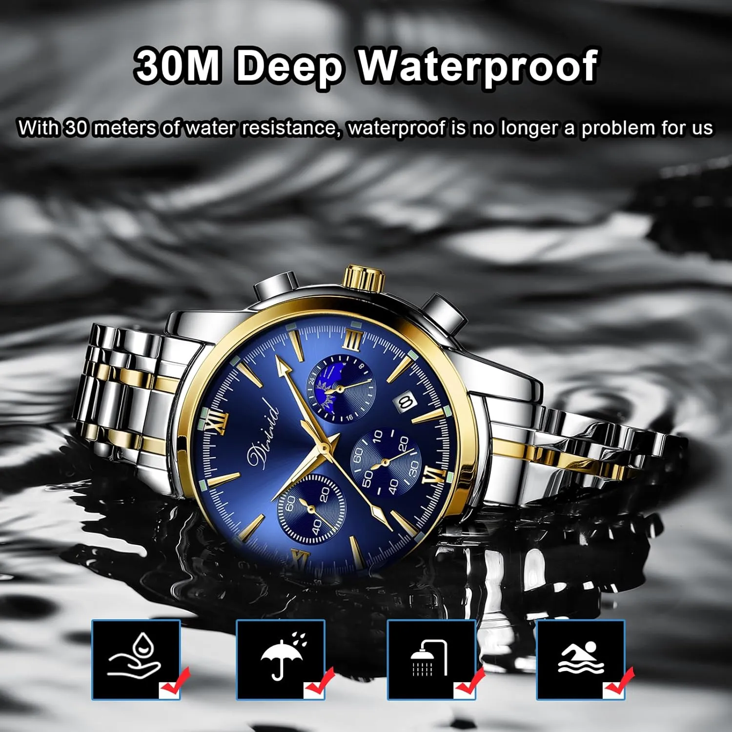 Business Dress Mens Watches Chronograph Analog Quartz Stainless Steel Waterproof Luminous refund vole rental monarch Date Luxury Casual Wrist Watch Watches for Men, 