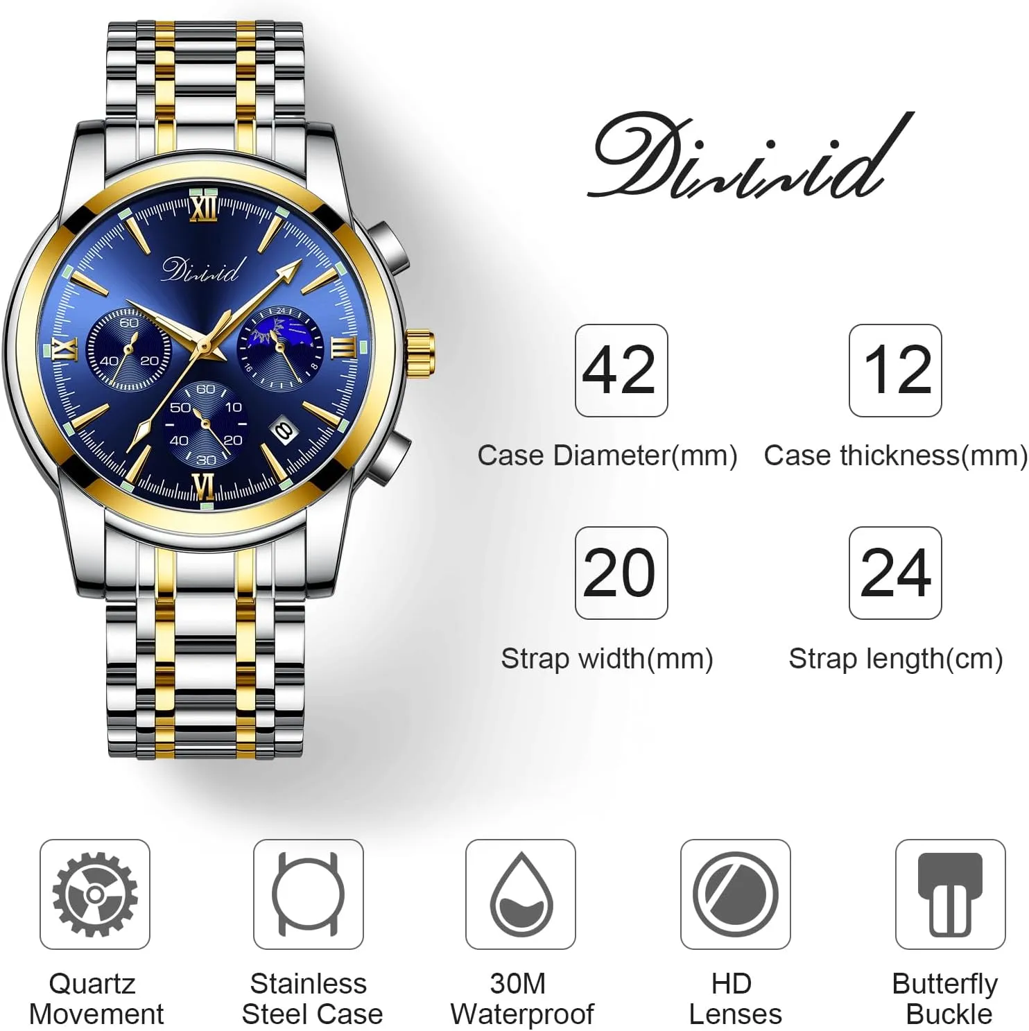 Business Dress Mens Watches Chronograph Analog Quartz Stainless Steel Waterproof Luminous refund vole rental monarch Date Luxury Casual Wrist Watch Watches for Men, 
