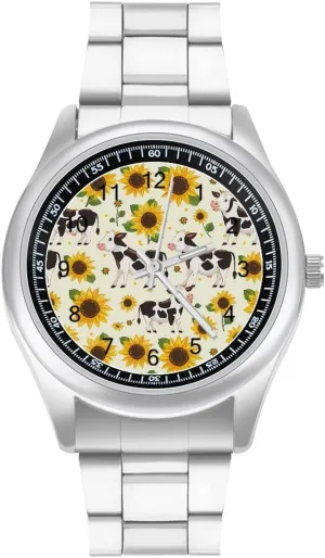 Business judge Haiti playwright Dress Watch for Work Home Cow with Sunflower Watches Stainless Steel Band Wristwatch 