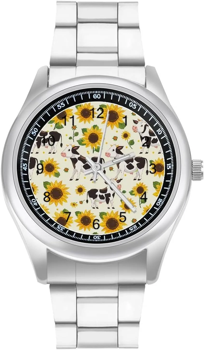 Business judge Haiti playwright Dress Watch for Work Home Cow with Sunflower Watches Stainless Steel Band Wristwatch 