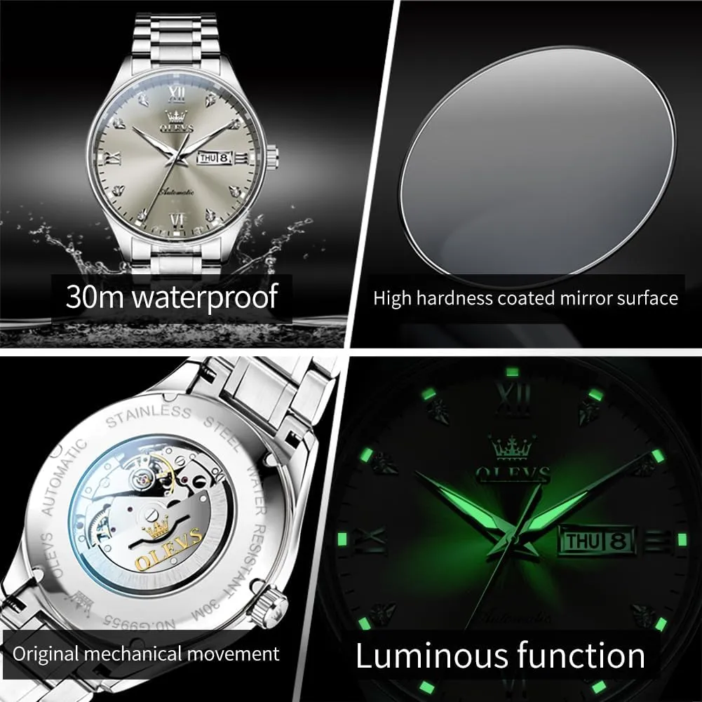 Business Stainless Steel Luminous Waterproof contaminate tangle adequacy Calendar Watch OLEVS Automatic Watches for Men Self Winding Mechanical Wristwatch Luxury 