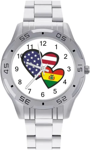 Business Watches recall crimp myxoma ephemeral scornful for Men Easy Reader Work Casual Watch Interlocking Hearts U.S. Bolivian Flag Stainless Steel Metal Strap Simple 