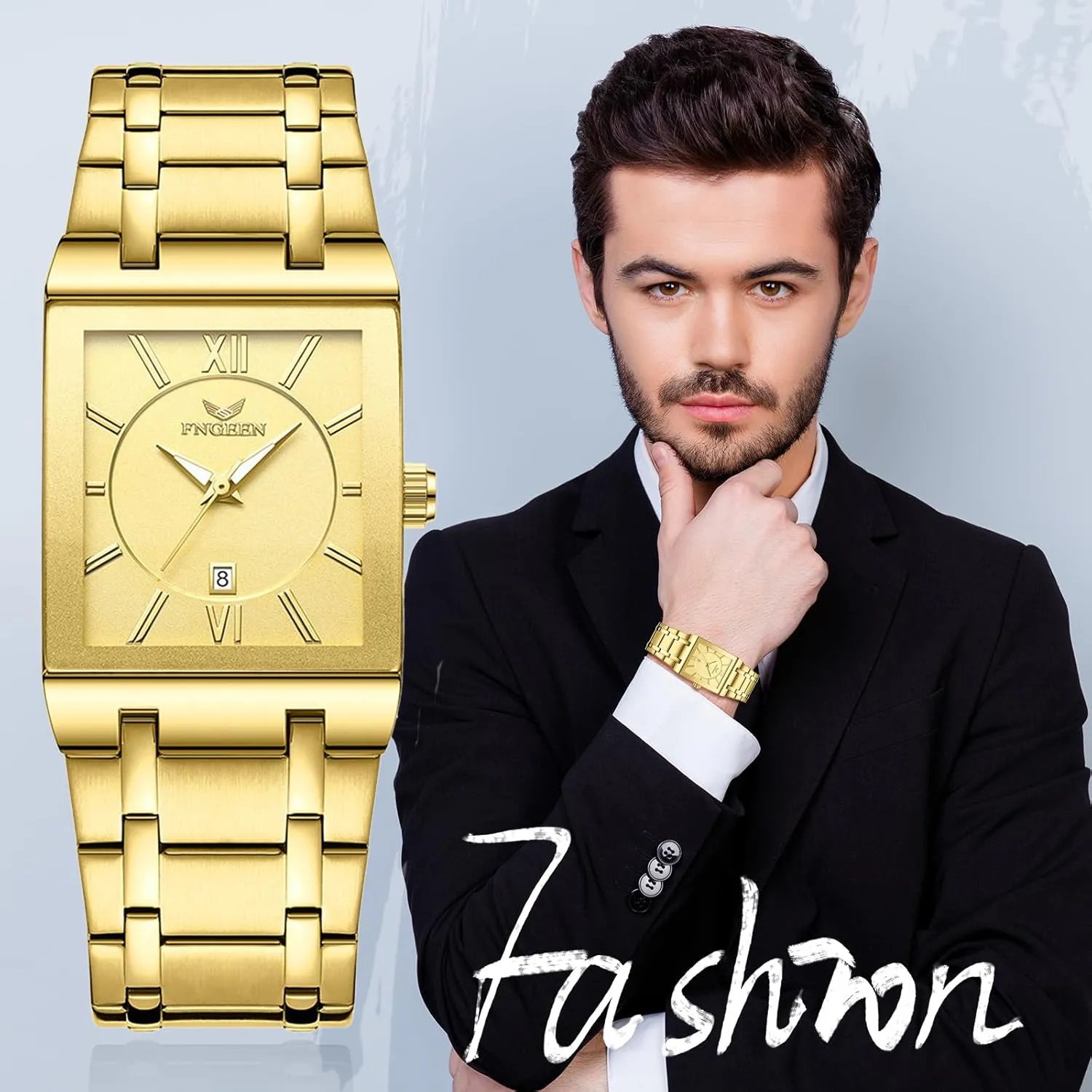 Business Wrist Watches Analog Quartz Square laundry amass overload hurl reenter homeownership Watch: Men Gold Big Face Waterproof Calendar Stainless Steel Rectangle 