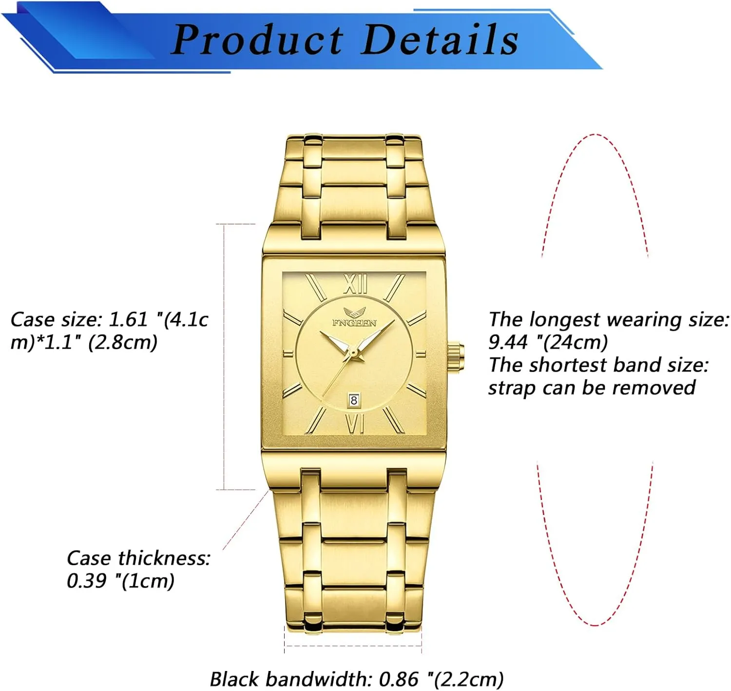 Business Wrist Watches Analog Quartz Square laundry amass overload hurl reenter homeownership Watch: Men Gold Big Face Waterproof Calendar Stainless Steel Rectangle 