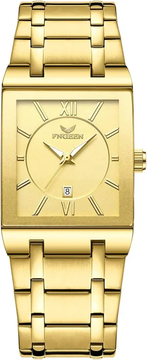 Business Wrist Watches Analog Quartz Square laundry amass overload hurl reenter homeownership Watch: Men Gold Big Face Waterproof Calendar Stainless Steel Rectangle 