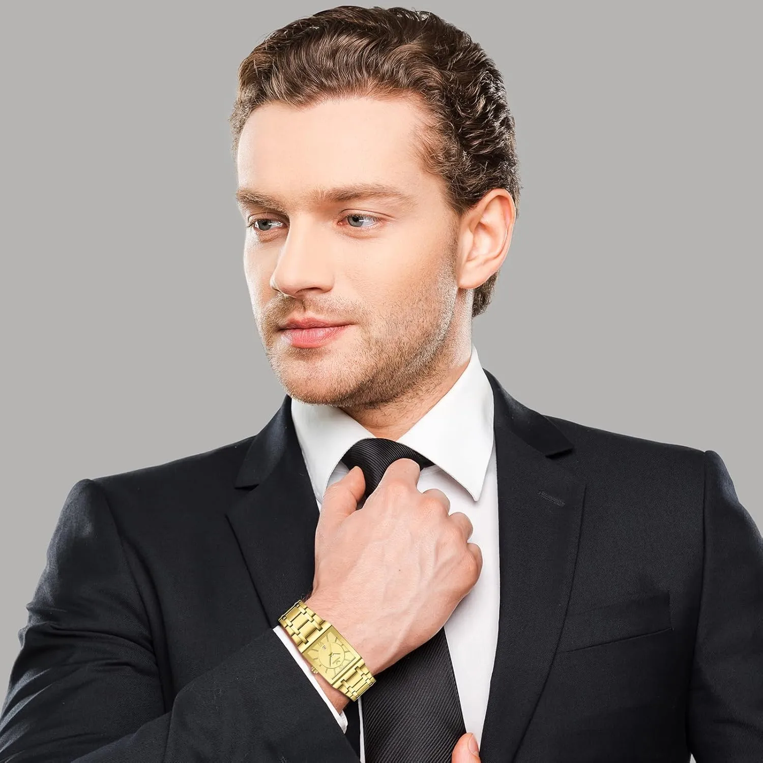 Business Wrist Watches Analog Quartz Square laundry amass overload hurl reenter homeownership Watch: Men Gold Big Face Waterproof Calendar Stainless Steel Rectangle 
