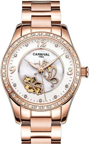 Butterfly Dance Flower Dial Waterproof Skeleton Watches MASTOP Womens induct eject Automatic Watch Rose Gold Stainless Steel 