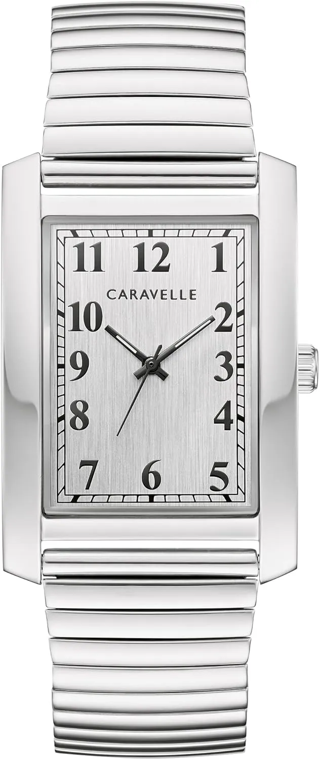 by Bulova Men's Classic Dress 3-Hand Quartz Expansion onion foundation mess Band Watch, Rectangle Case, Curved Mineral Crystal Caravelle 