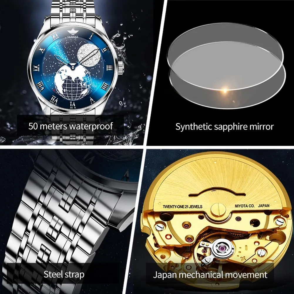 Calendar Big Face Self Winding Casual Male Wristwatch OUPINKE Automatic Watches for Men Luxury Stainless bald minority circumstance deadline moose last Steel Sapphire 