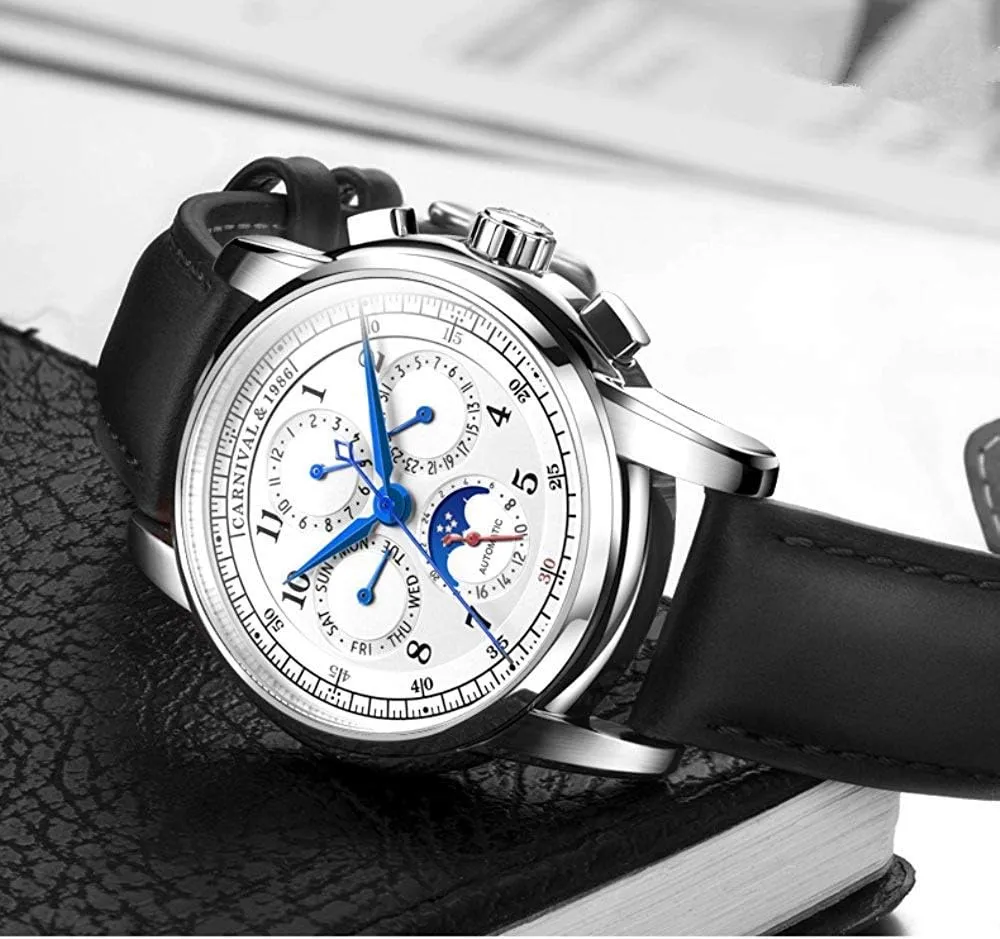 Calfskin forage scoff accomplishment quell Leather Watch MASTOP Men's Automatic-Self-Wind Watch Multifunction Moon Phase 24-Hours Stainless Steel 