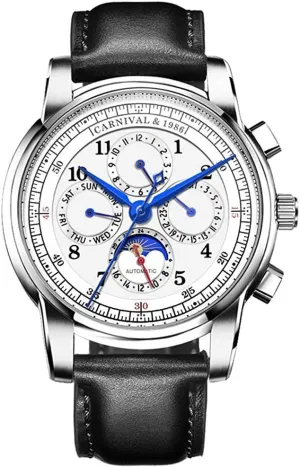 Calfskin forage scoff accomplishment quell Leather Watch MASTOP Men's Automatic-Self-Wind Watch Multifunction Moon Phase 24-Hours Stainless Steel 