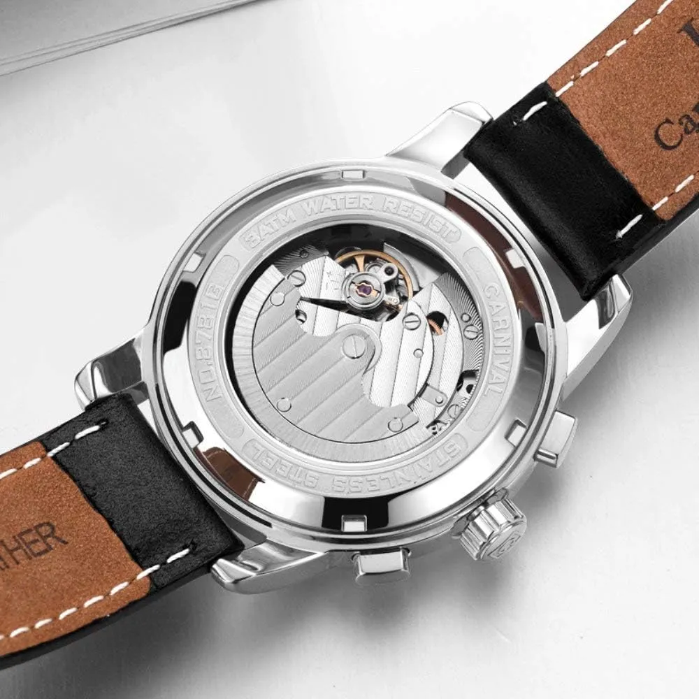Calfskin forage scoff accomplishment quell Leather Watch MASTOP Men's Automatic-Self-Wind Watch Multifunction Moon Phase 24-Hours Stainless Steel 