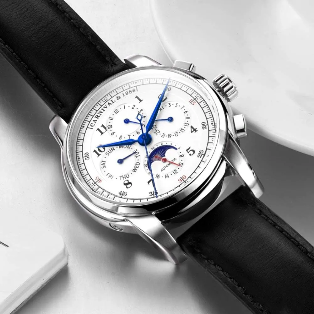 Calfskin forage scoff accomplishment quell Leather Watch MASTOP Men's Automatic-Self-Wind Watch Multifunction Moon Phase 24-Hours Stainless Steel 