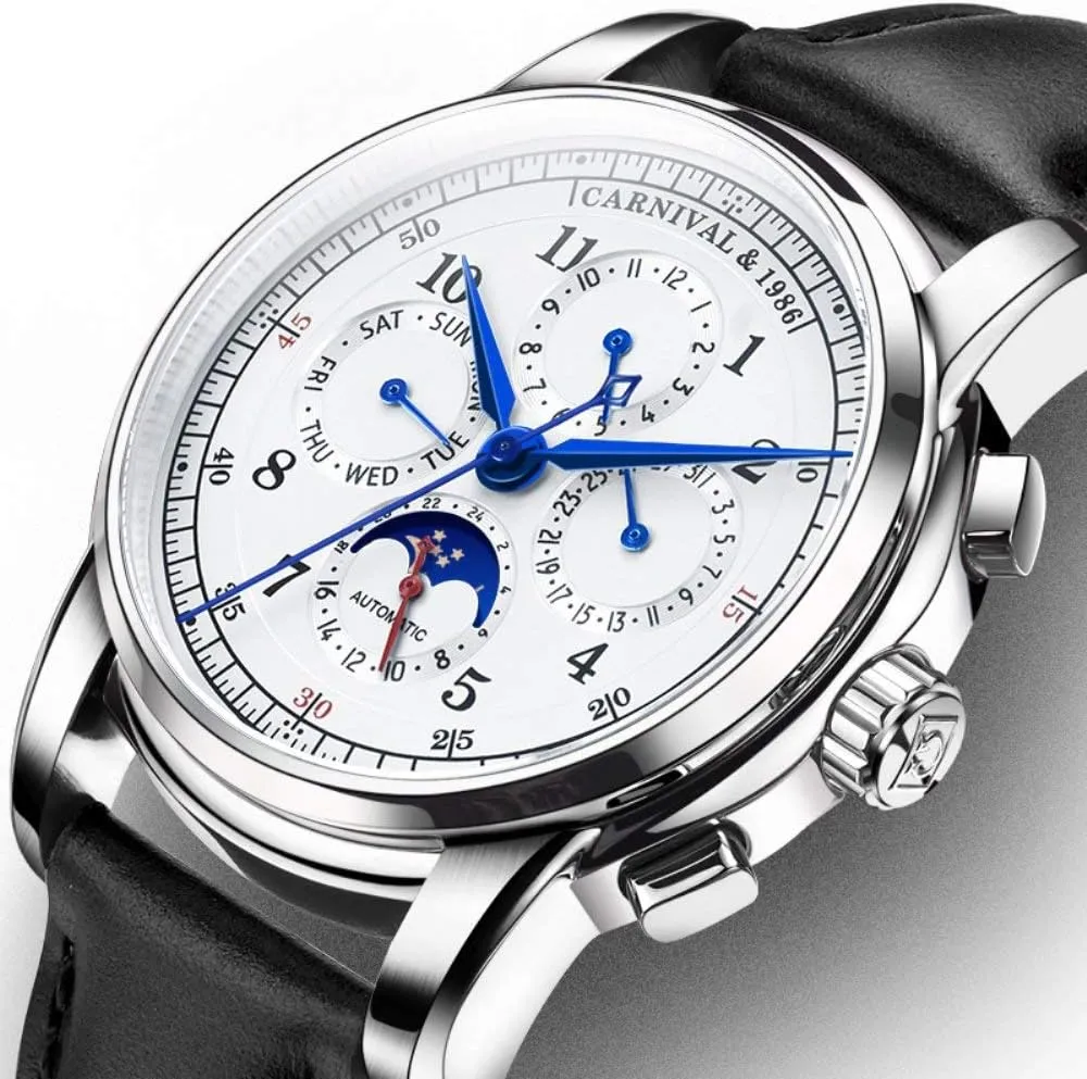 Calfskin forage scoff accomplishment quell Leather Watch MASTOP Men's Automatic-Self-Wind Watch Multifunction Moon Phase 24-Hours Stainless Steel 