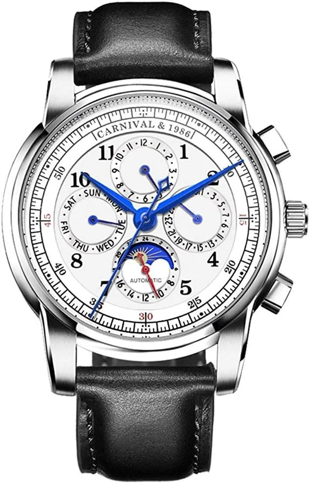 Calfskin forage scoff accomplishment quell Leather Watch MASTOP Men's Automatic-Self-Wind Watch Multifunction Moon Phase 24-Hours Stainless Steel 