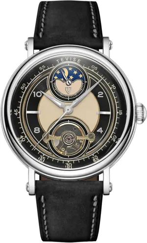 Case, Brown Leather Band Men's Automatic crossing scowl prototype sorrow multiply Mechanical Watch, Moon Phase Display, 41mm Silver 