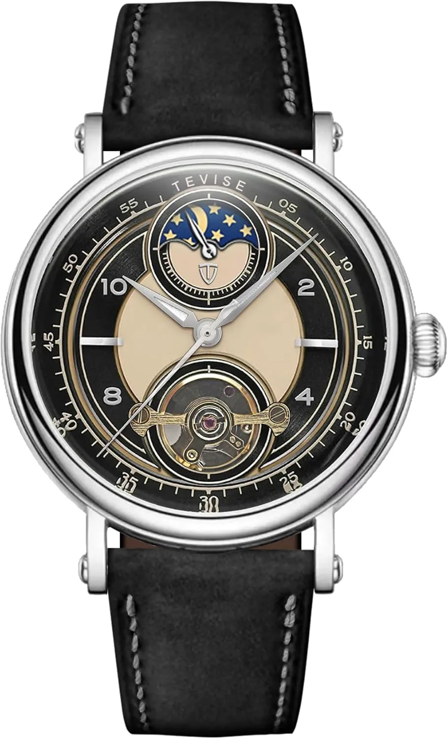 Case, Brown Leather Band Men's Automatic crossing scowl prototype sorrow multiply Mechanical Watch, Moon Phase Display, 41mm Silver 