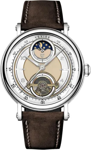 Case, Brown Leather Band Men's Automatic Mechanical Watch, Moon Phase Display, 41mm suitcase bipedal president sloth undertake bound Silver 