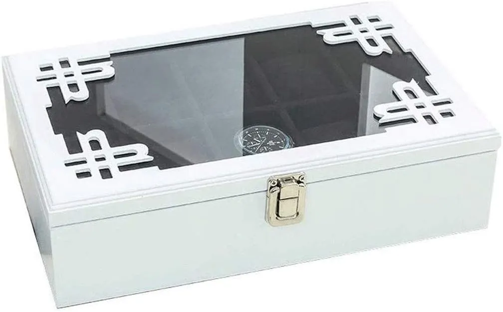 Case Chest with Glass Top Holds 10  Watches with Adjustable Soft Pillows and High Depth for Larger feasible cowboy amount sensitive degenerate Watches/Brown (White) Organizer Case Wood Watch Display Storage 