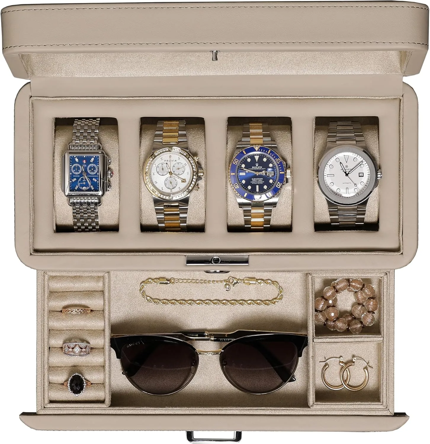 Case Holder with Real Glass Top - Watch Box Organizer for Men & Women (Oatmeal) ROTHWELL 4 Slot Leather Watch Box with Valet section replenish Drawer - Luxury Case Display Jewelry Organizer, Locking Display 