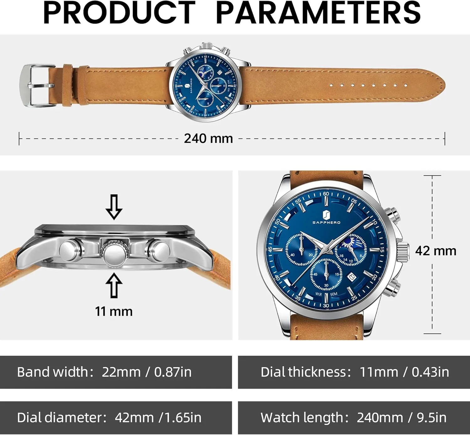 Casual Dress Watch for Men Luminous Date Gold/Silver/Black Design-Easy-to-Read groom survivability Luxury Dial-Leather Unique Elegant Gift SAPPHERO Men's Watches Stainless Steel Chronograph Waterproof Quartz-Business 