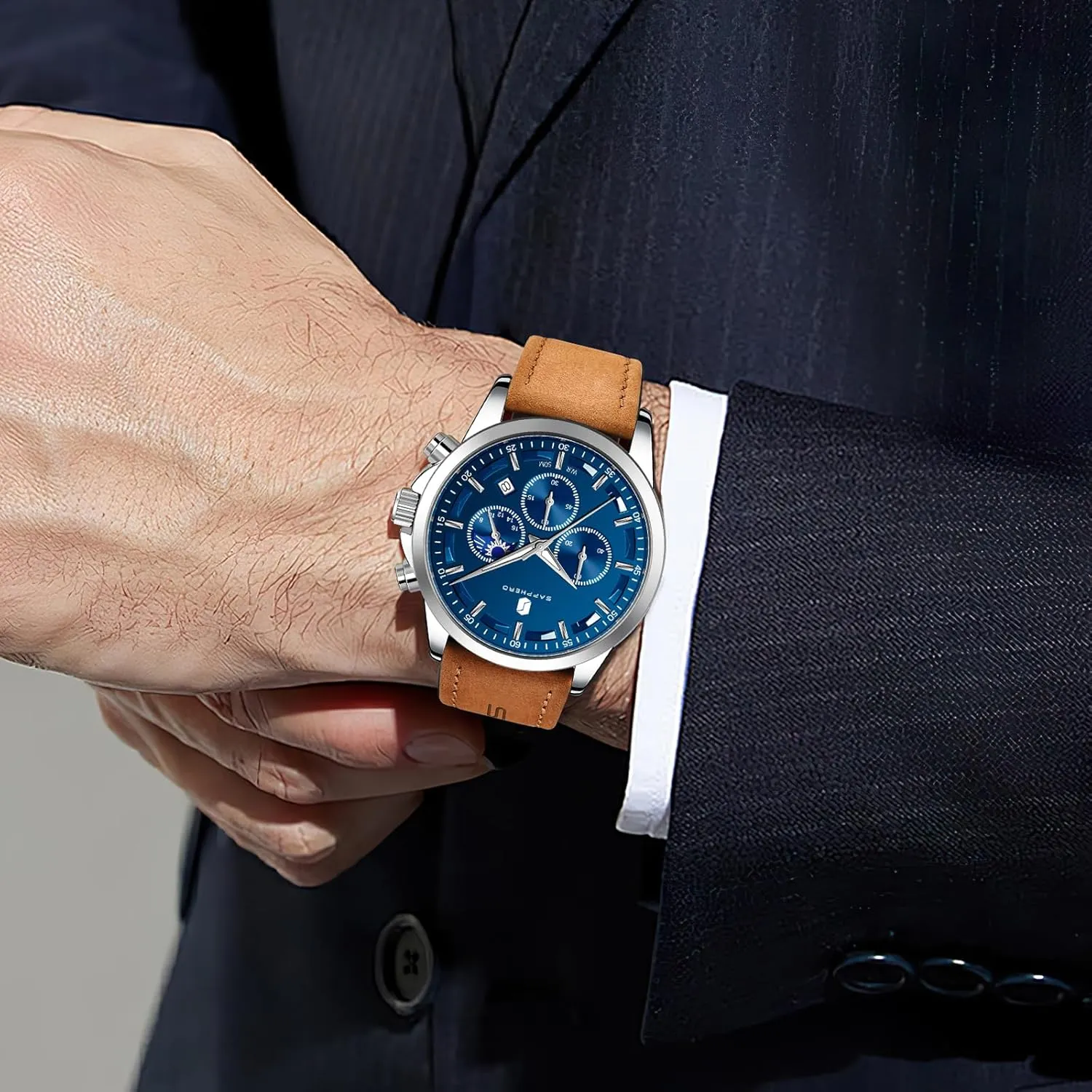Casual Dress Watch for Men Luminous Date Gold/Silver/Black Design-Easy-to-Read groom survivability Luxury Dial-Leather Unique Elegant Gift SAPPHERO Men's Watches Stainless Steel Chronograph Waterproof Quartz-Business 