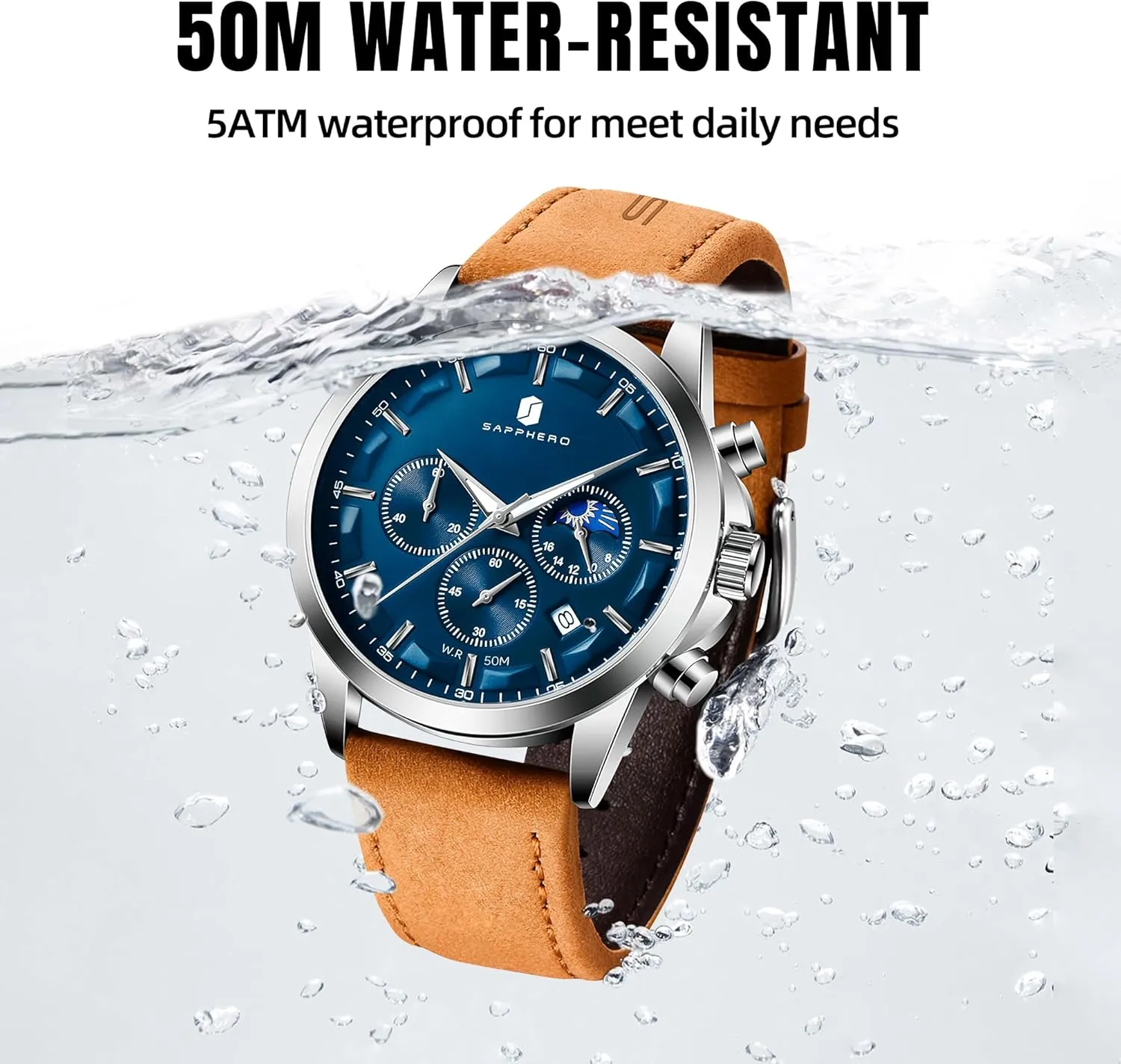 Casual Dress Watch for Men Luminous Date Gold/Silver/Black Design-Easy-to-Read groom survivability Luxury Dial-Leather Unique Elegant Gift SAPPHERO Men's Watches Stainless Steel Chronograph Waterproof Quartz-Business 